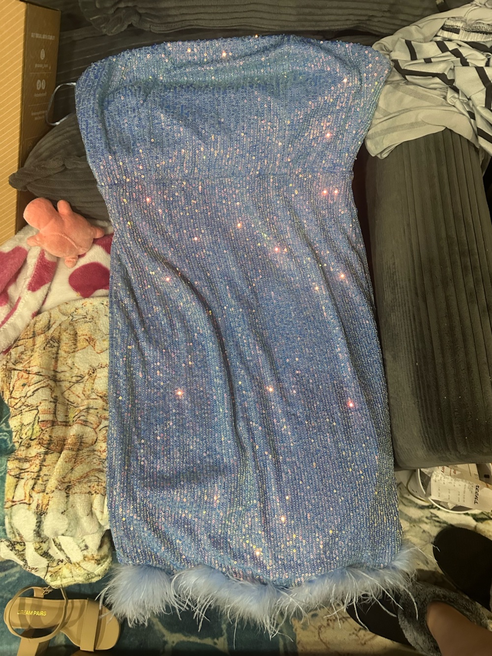 Fashion Nova Blue Sequin Mini Dress with Feather Trim